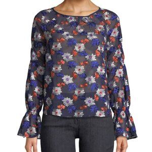 Ella Moss Floral Embroidered Long-Sleeve Sheer Blouse S